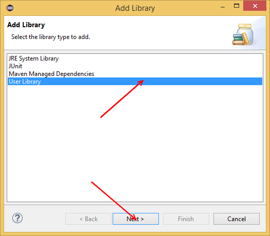 Eclipse new Java project add library select user library