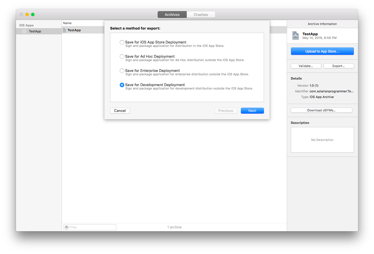 Select the export method for the iOS application