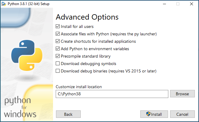 Python 3.8 for Windows installation options