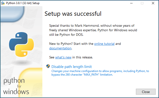Python 3.8 for Windows disable path length limit