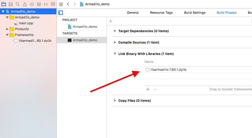 Xcode add libarmadillo.dylib to the project