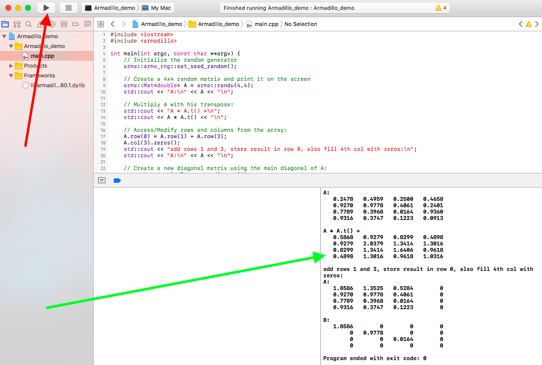 Xcode running the Armadillo example