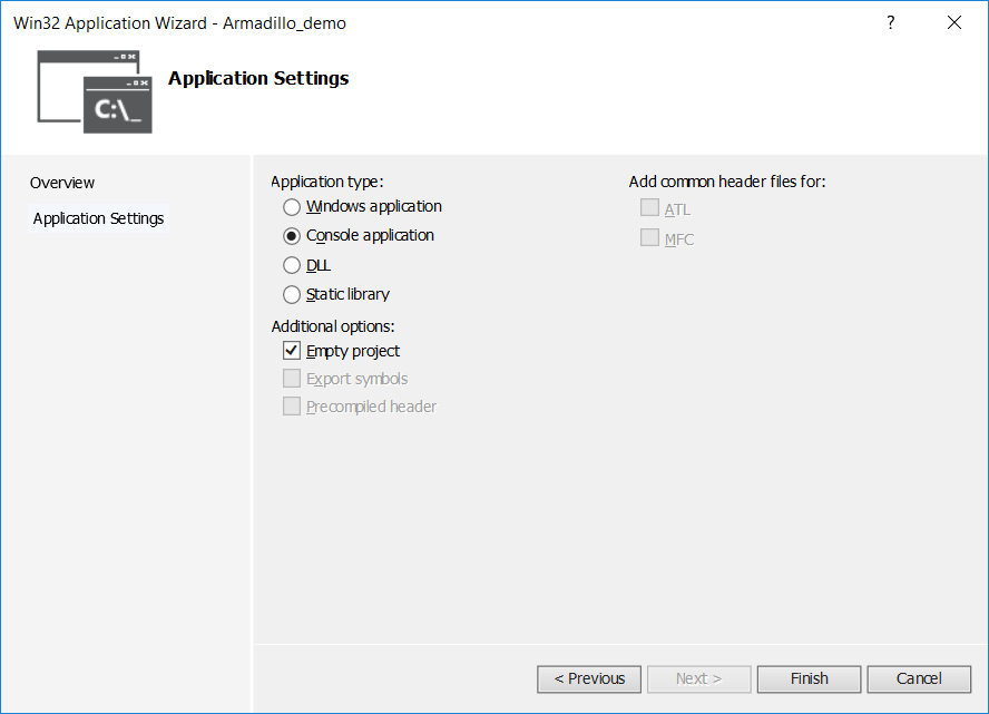 C app settings. Win32. Окне мастера win32 application Wizard vs. Win32 Console. Приложение win32.