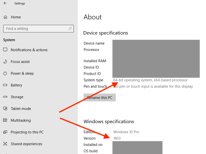 Windows 10 version number and system type