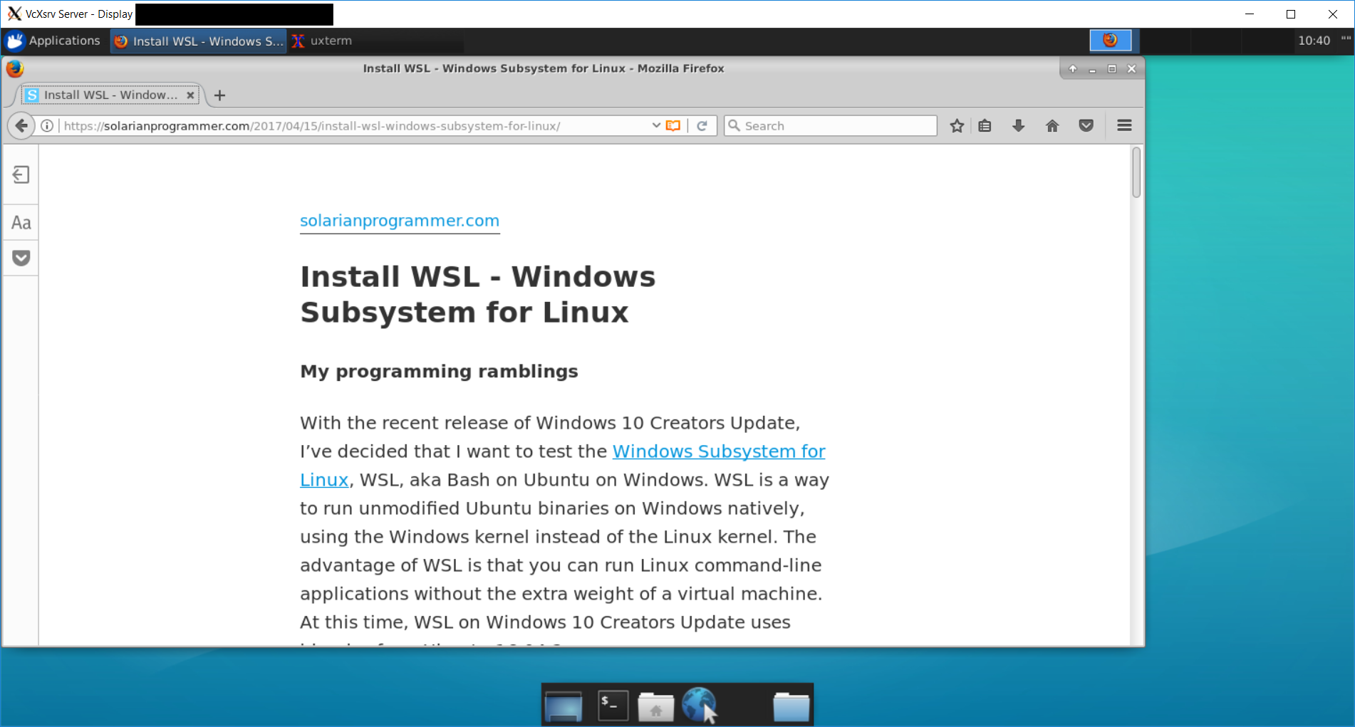 Xfce 4 running Firefox under Windows Subsystem for Linux