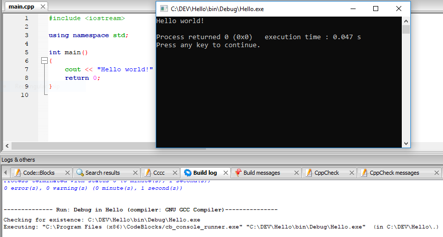Code::Blocks executing hello world program