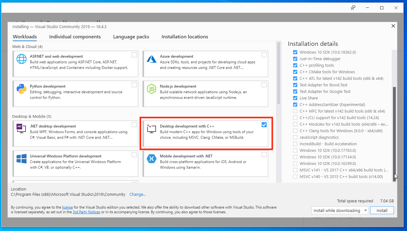 Visual Studio 2019 Desktop development with C++