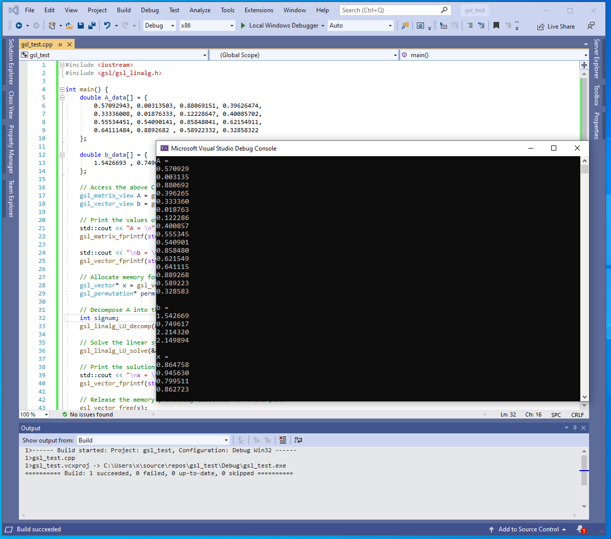 Visual Studio 2019 run GSL code example